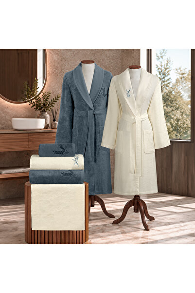 ALTINBAŞAK TEKSTİL Larina Bamboo Embroidered Family Bathrobe Set Ecru/Indigo ...
