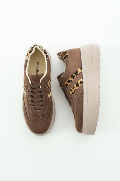 SEFERİ Women's Brown Double Striped Medium High Sole Comfortable Walking Shoes
