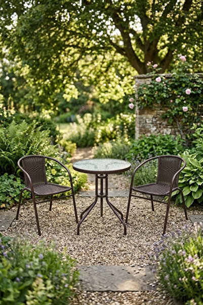 RAQİ Brown Wicker Outdoor Seating Set 3-Piece | Bistro Set with Glass Top Tab...