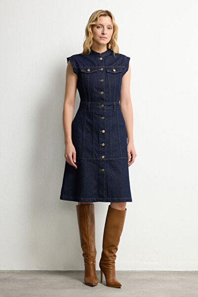 Love My Body Lacivert Kolsuz Denim Elbise
