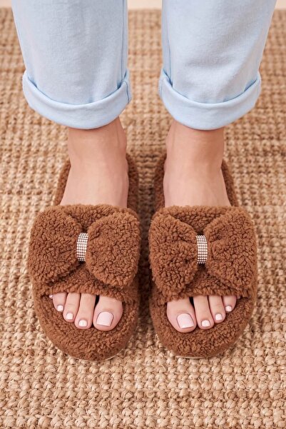 NAVİSHOES Women's Ribbon Buckle Open Plush House Slippers 2028Nav