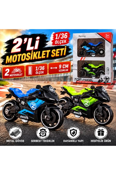 LRS STORE 2'li Metal Gövdeli Yarış Motosikleti Seti 1:36 Ölçek 9 cm Çek-Bırak...