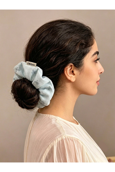 Take Two By Styli Light Blue Corduroy Scrunchie with Bow Print, 10cm