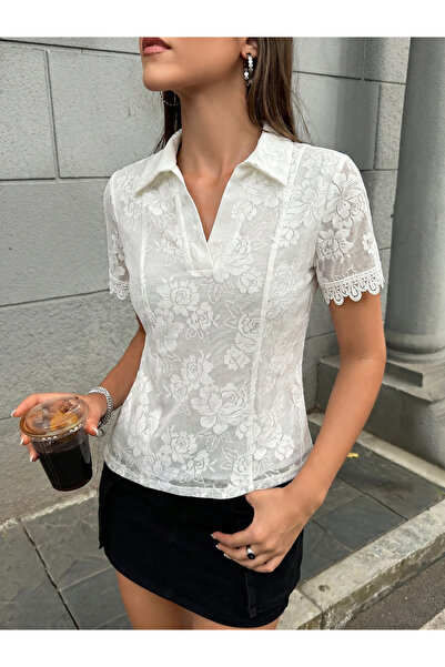 Take Two By Styli White Floral Lace Short Sleeve Top