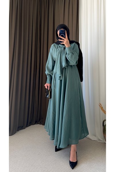 Hepsi Moda فستان مع وشاح وخصر مطاطي - 5170 - أخضر نعناعي