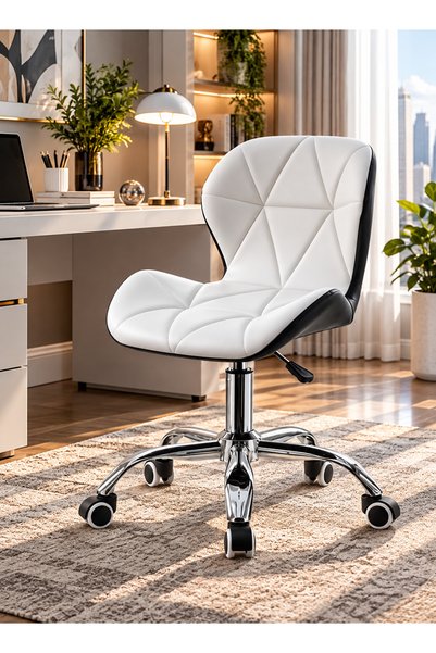 Taimi Modern White Quilted Chair with Black Back, Padded Seat, Adjustable Hei...