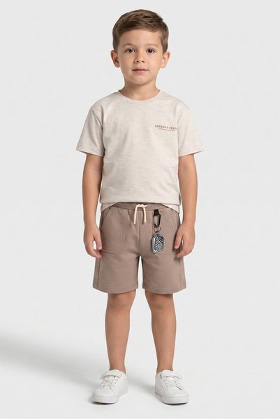 Fudo Kids Boy 3 Pcs Heather T-Shirt And Shorts With Key Chain Set, Dark Sage