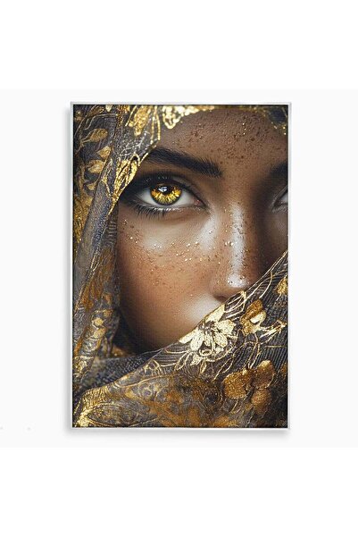 Luxcanva Tablou Canvas Ochii Aurii 40x60 cm cu Rama Argintiu Portret Femeie Voal