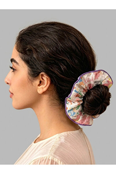 Take Two By Styli Pink Bear Floral Print Medium Scrunchie, 14cm