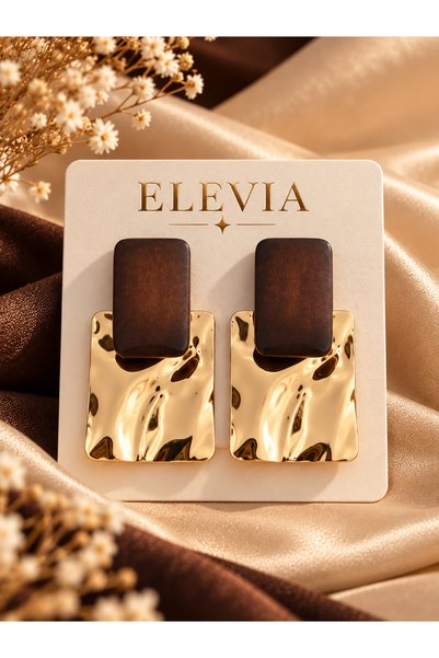Kahverengi Ahşap Detaylı Gold Geometrik Küpe