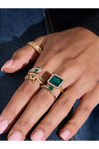 Styli Pack of 5 - Gold Tone with Green Gemstones Embellished Rings