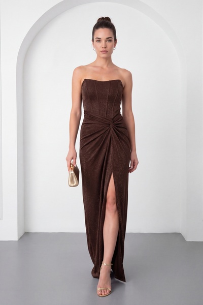 Lafaba Kadın Kahverengi Straplez Simli Örme Abiye Elbise