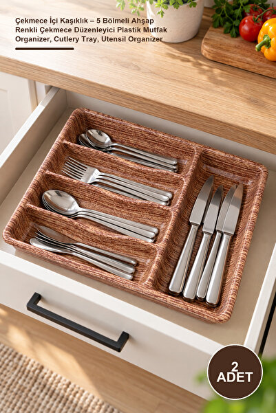 Yenilig 2 Pieces Drawer Cutlery Holder – 5 Compartment Wooden Color Drawer Or...