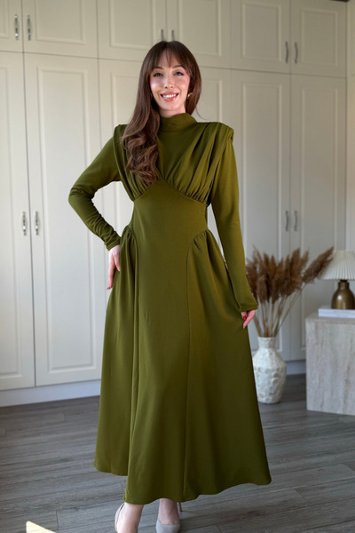 Dilay Gökoğlu Butik Padded High Collar Midi Khaki Dress with Chest Detail
