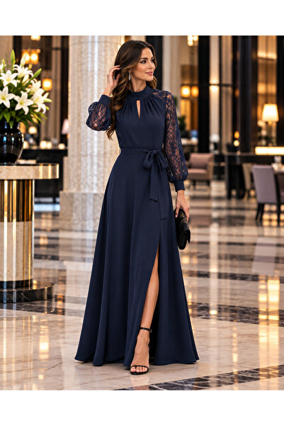 Kokosh moda Γυναικείο μακρύ μάξι φόρεμα από κρεπ με δαντελένια μανίκια, ψηλό ...
