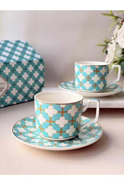 ROSSEV Porcelain Turkish Coffee Cup Set for 2 People 4 Pieces Angel Mint