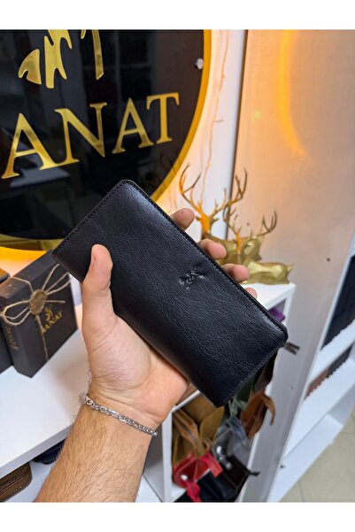 SANAT LEATHER Alba - Telefon Bölmeli Hakiki Deri Cüzdan - Mıknatıslı Ve El Bantlı, Unisex 18,5 cm x 9cm