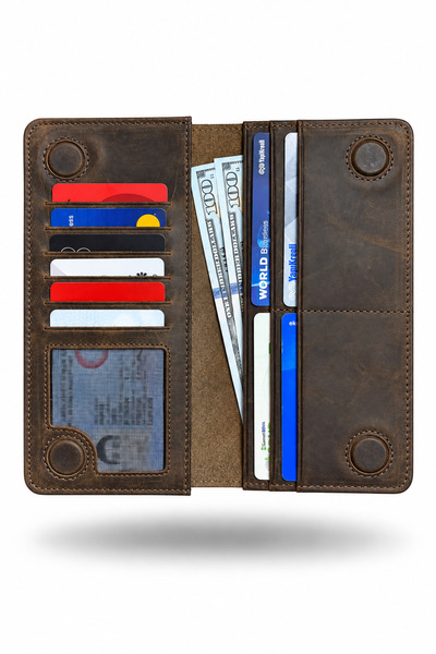 SANAT LEATHER Alba - Telefon Bölmeli Hakiki Deri Cüzdan - Mıknatıslı Ve El Bantlı, Unisex 18,5 cm x 9cm