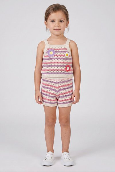 Badgley Mischka Toddlers Girl 2 Pcs Stripe Crochet Top And Shorts Set, Multic...