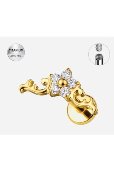 Funny Party Shop Piercing labret din Titan, auriu, cu zirconii florale, filet...