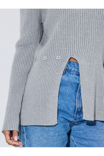Styli Grey Ribbed Longline Side Slit Sweater