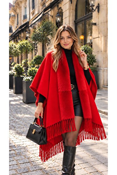 MARBERRY Red Premium Cashmere Plush Faux Fur Women's Poncho