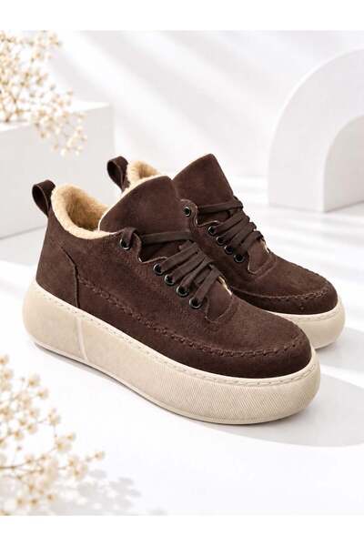 dabab shoes Nolen Women's Bitter Brown Lace-Up Luxury Suede Fur Inside 4 cm Thick Sole Sneaker Sports Shoes