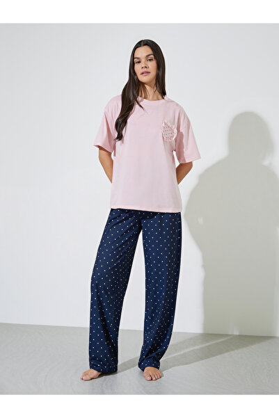 Styli Heart Ruffle Edge Drop Shoulder T-Shirt and Polka Dot Straight Pyjama S...