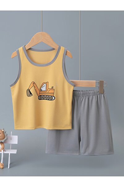 Take Two By Styli Boys Yellow Sleeveless Excavator Graphic Pyjama Set with Sh...