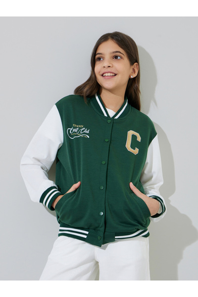 Styli Teen Girls Green Embroidered Color Block Sleeves Bomber Jacket