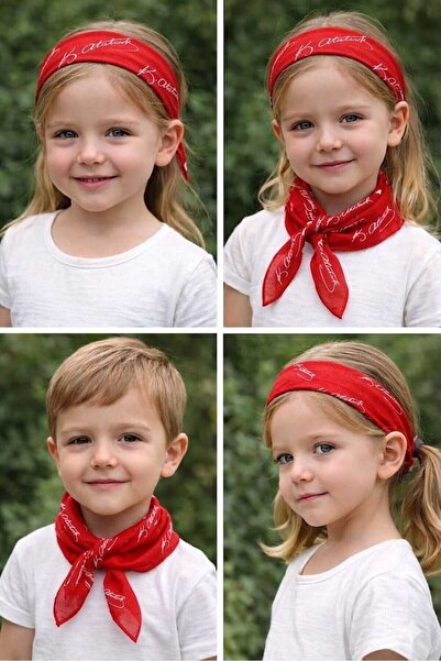 İSTANBULSTYLEMODA 23 April Atatürk Signed Red Scarf Hair Bandana with Flag