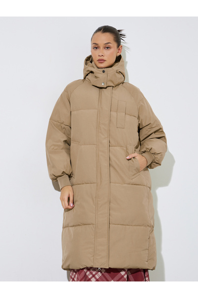 Styli Beige Knee-Length Padded Coat with Zip Closure