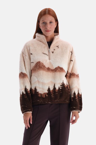 Dagi Hanorac multicolor pentru femei, cu jumătate de fermoar și model peisagi...