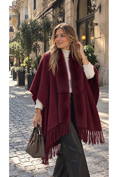 MARBERRY Burgundy Premium Cashmere Plush Faux Fur Women's Poncho