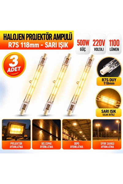 NSL Halojen Projektör Ampulü 500W 220V R7S 118mm Sarı Işık 1100 Lümen – 3 Adet