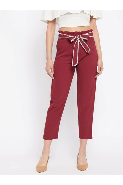 WineRed By Styli بنطلون بورجوندي عالي الخصر مع حزام ربط