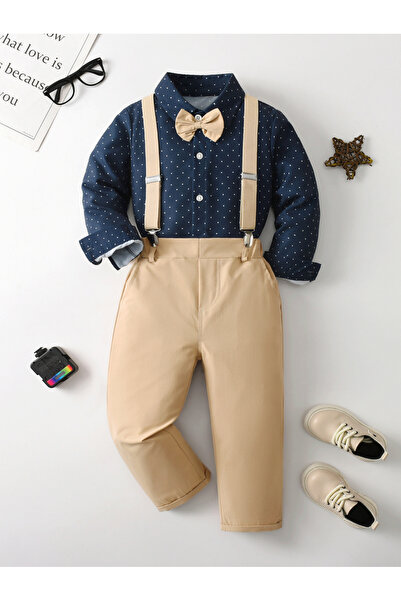 Take Two By Styli Boys Navy Polka Dot Shirt and Khaki Trousers with Suspender...