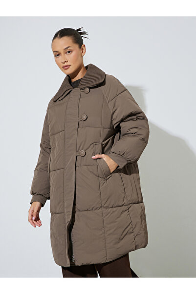 Styli Brown Solid Zip Knee-Length Puffer Coat