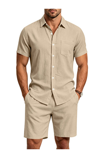 Take Two By Styli Men Linen Blend Short Sleeve Shirt And Shorts Co-Ord Set