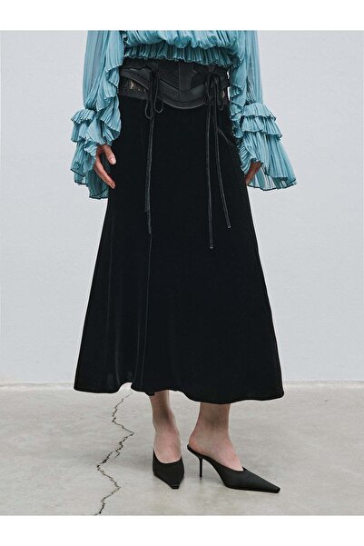 BAQA Velvet Long Skirt with Lace and Leather Detail