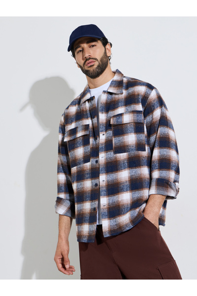 Styli Men Navy Blue Oversized Checked Shacket
