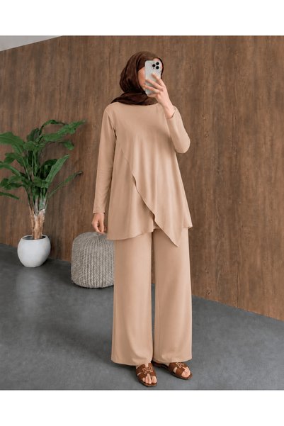Hepsi Moda Asymmetrical Cut Sandy Suit - Mg - Cream
