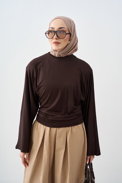 LOCCO Women's Crew Neck Bat Sleeve T-Shirt Brown
