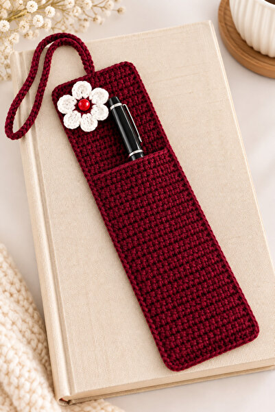 NEHOLİA Bookmark with Pen Holder, Floral Detailed Burgundy Knitted Bookmark, ...
