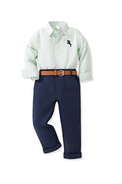 Take Two By Styli Boys Striped Long-Sleeve Shirt and Navy Trousers Set with Belt