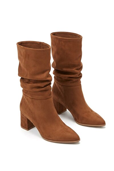 Zerenyus Zrne-C05 Exclusive Tan Suede Thick Heeled Bellows Boots 6 cm