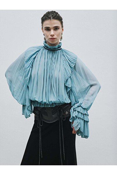 BAQA Ruffle Detailed Pleated Blue Blouse