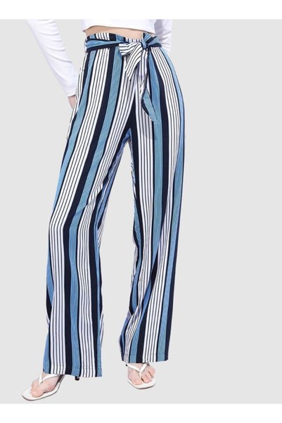 Freehand By Styli Navy Blue Flared Striped Mid-Rise Flared Pants