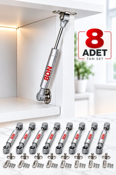 Badem10 (8 Adet) Dolap Kapak Amortisörü 80N Gri 20 cm Gazlı Piston Kapak Hidr...