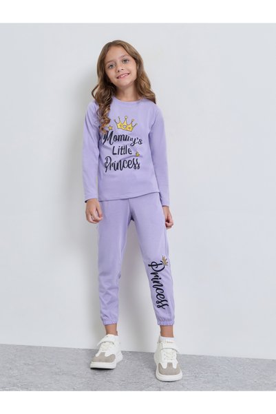 Styli Girls Lilac Cotton Princess Graphic Sweatshirt and Joggers Set